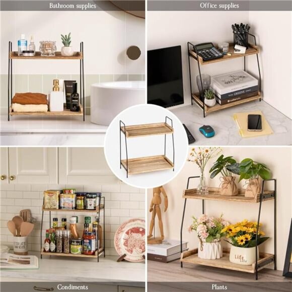 Wood Coffee Station Organizer 2 Tier Shelf Kitchen Counter Storage Home Office - Picture 6 of 7